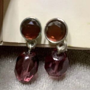 Faceted Plum Drop Clip On Earrings with Silver Accents